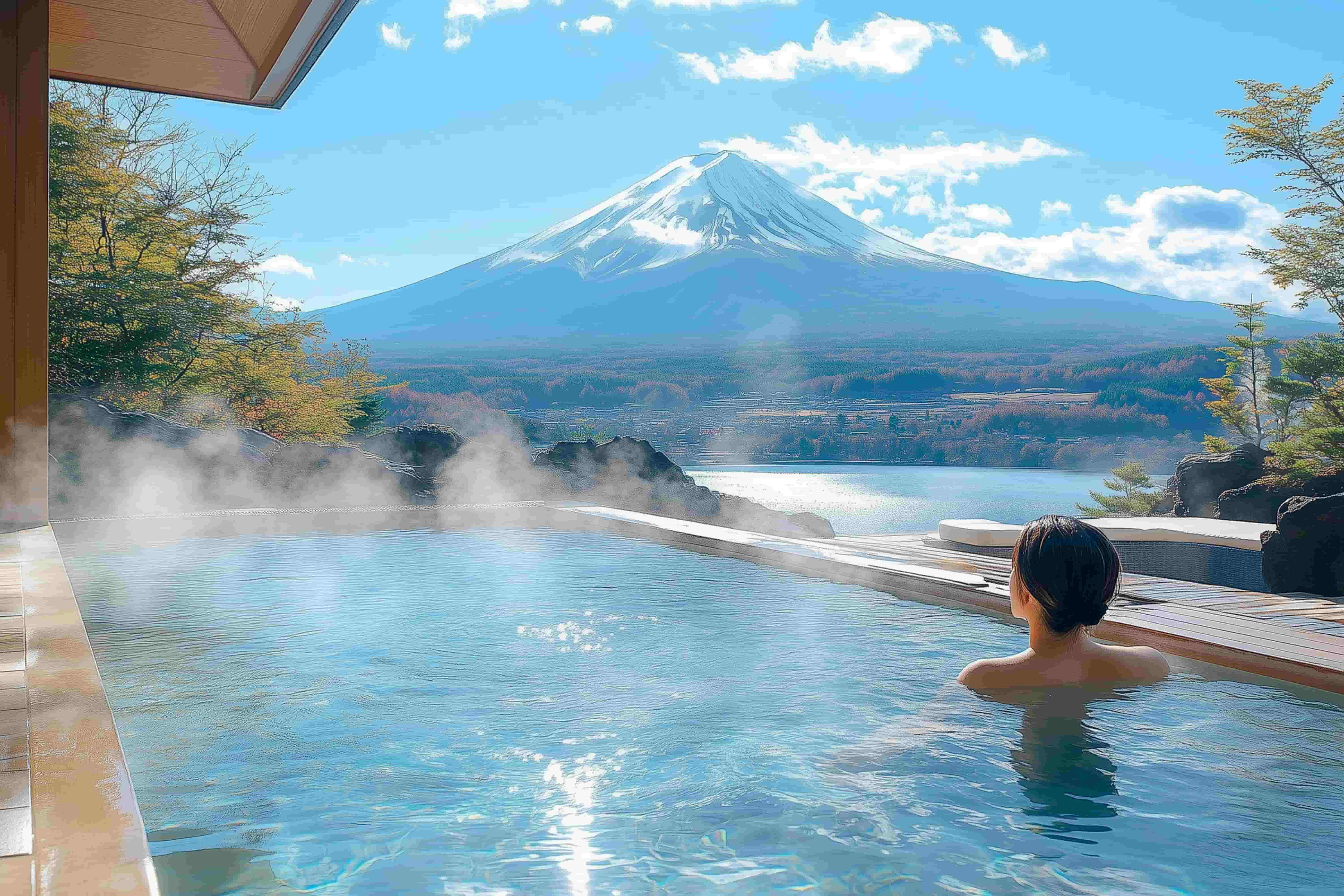 Traditional Japanese outdoor onsen hot spring bath surrounded by natural rocks and steam