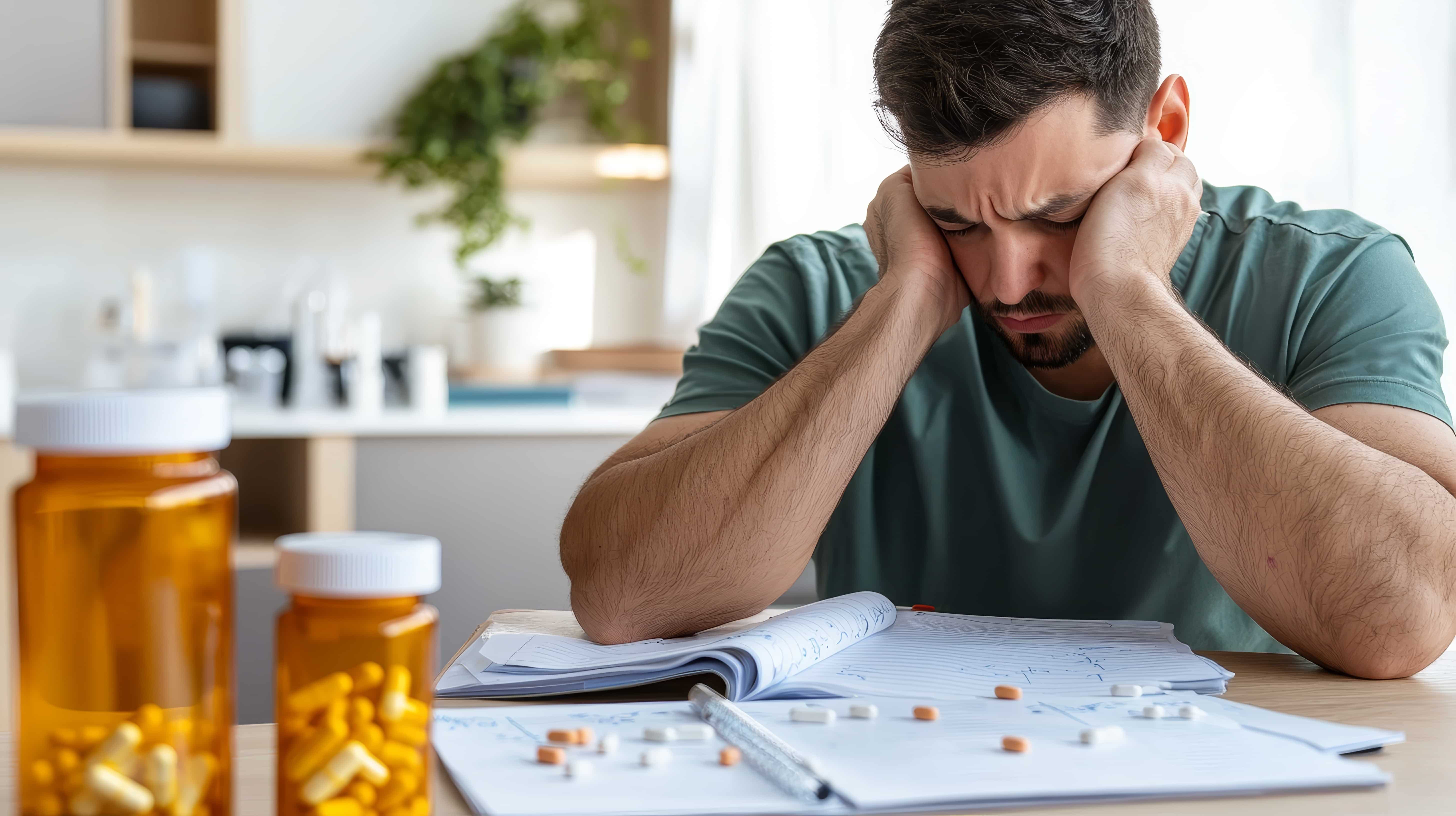 American traveler looking confused at Japanese pharmacy shelves unable to find familiar medicine